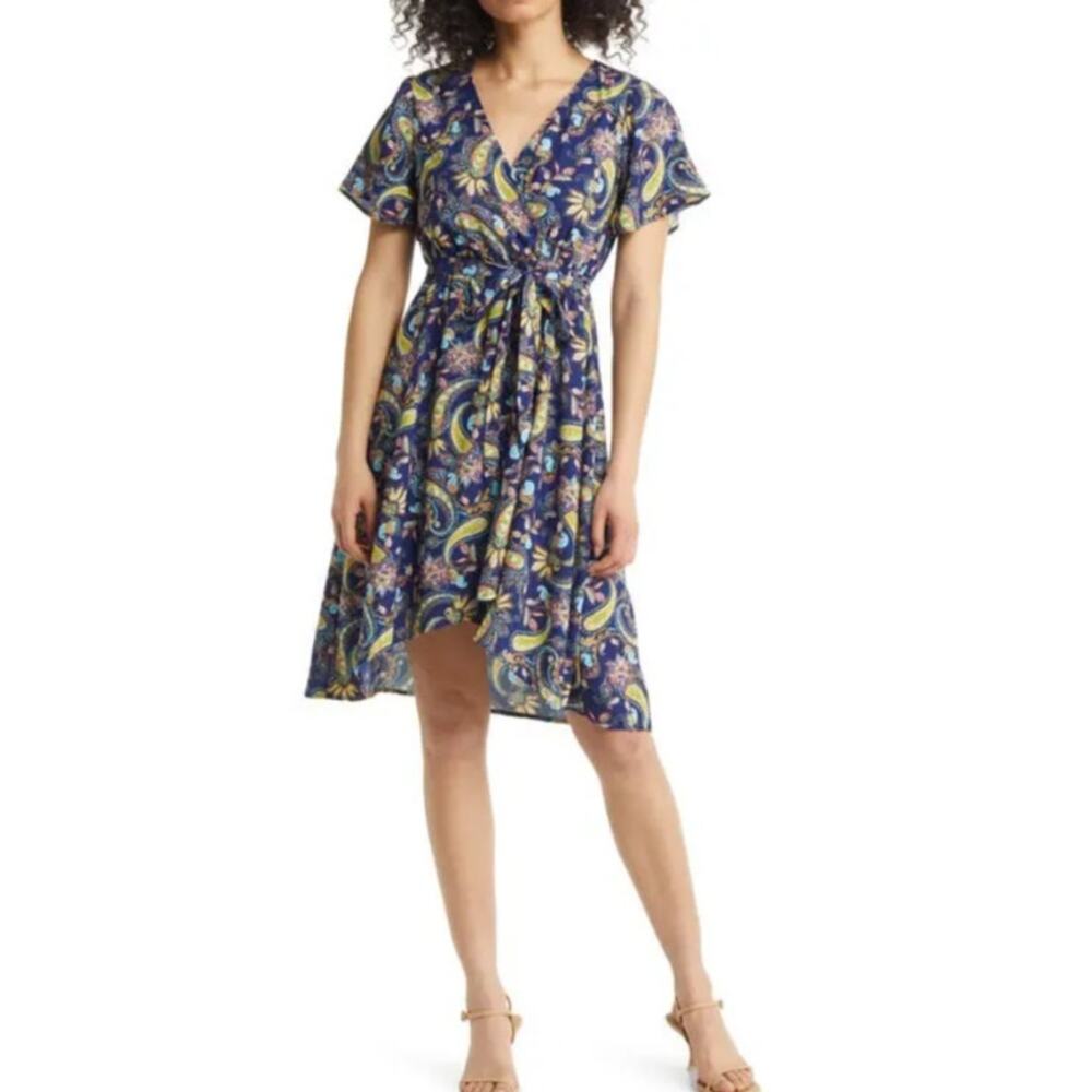 Harlow & Rose Multicolor Floral Paisley V-Neck Tie-Waist A-Line Mini Dress Large